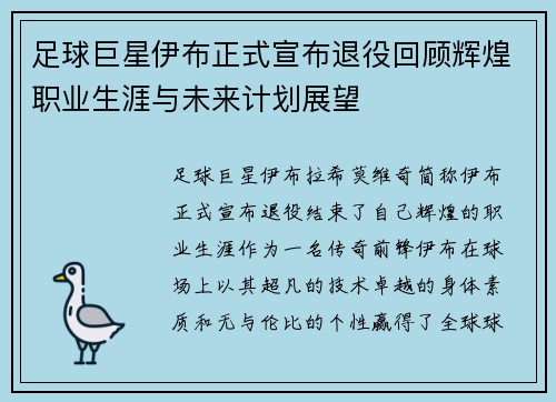 足球巨星伊布正式宣布退役回顾辉煌职业生涯与未来计划展望